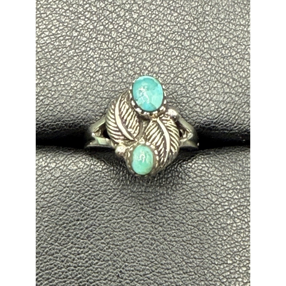New Condition Sterling Silver Genuine Turquoise Double Feather Ring Size 7 J19